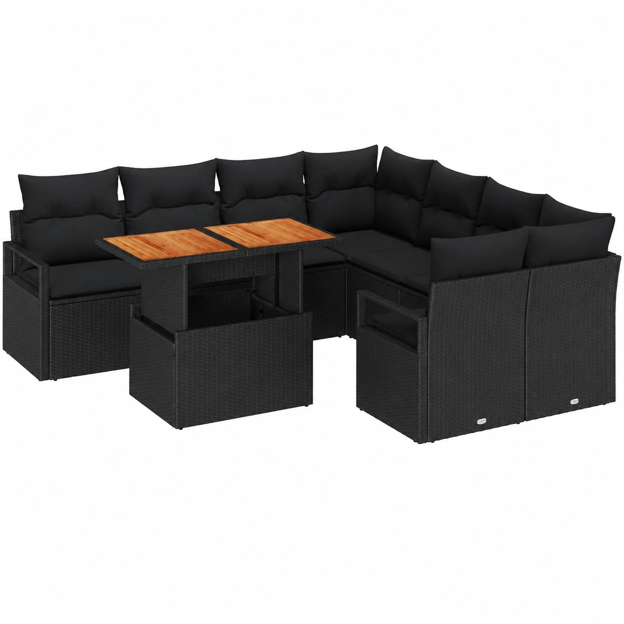 Modulares Poly-Rattan Gartenmöbel-Set mit Akazienholztisch, 9-teilig, für Balkon und Terrasse