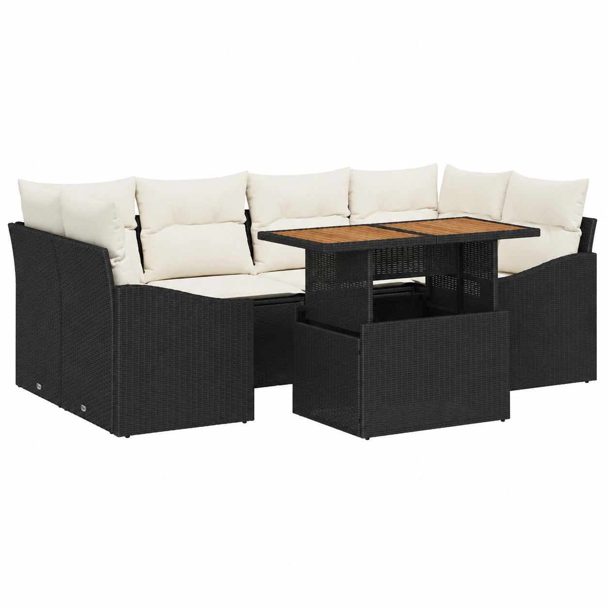 7-teilige Garten-Essgruppe aus Polyrattan, modulare Sitzgruppe mit Stauraum und Akazienholz, wetterfestes Möbelset für Terrasse und Balkon, schwarz-creme