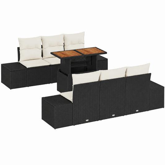 7-teilige Gartenmöbelgruppe aus Polyrattan und Akazienholz mit Stauraum, inkl. Kissen, für Terrasse und Balkon, Schwarz-Creme