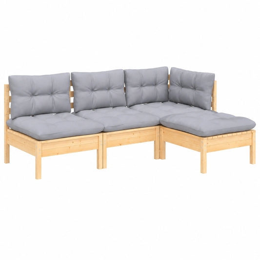 Modulares Gartenset aus Kiefernholz mit grauen Kissen, 4-teilig