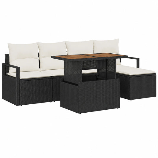 Moderner 6-teiliger Gartenmöbel-Satz mit Stauraum, Poly-Rattan Lounge Set, robustem Tisch und weichen Kissen, Stahl- und Akazienholz, Schwarz-Creme, für 5 Personen
