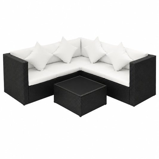 4-teiliges Gartenlounge-Set aus schwarzem Polyrattan mit Kissen