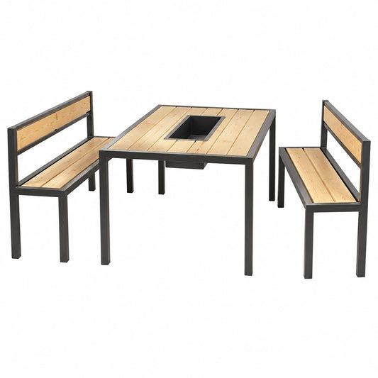 Gartenmöbel Set Naxos - Robuste Sitzgruppe aus Stahl und Lärchenholz, 3-teilig: Tisch und Bänke