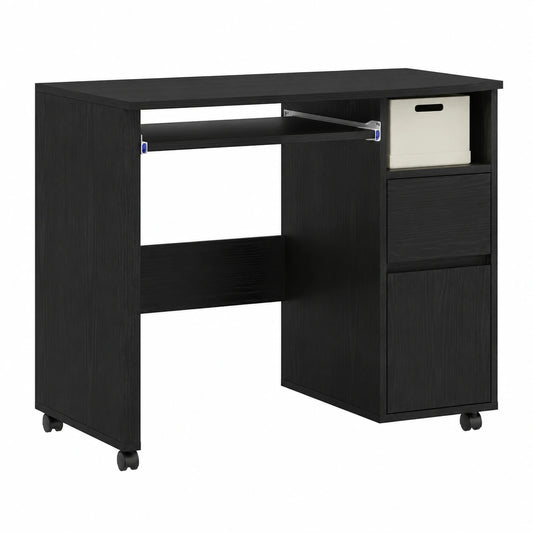 Moderner Schreibtisch mit Rollen und Regal in Schwarz Eichenoptik, 91x50x77 cm, ergonomische Arbeitsstation für das Home Office