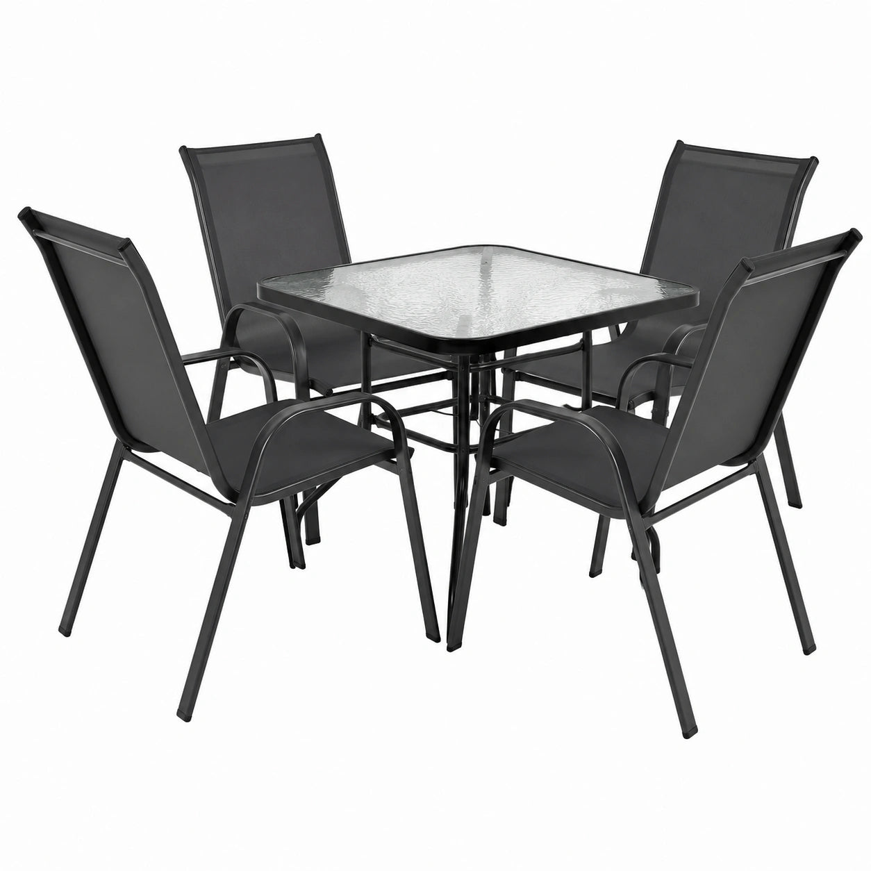 Gartenmöbel-Set: Balkontisch 80x80 cm mit 4 Stühlen, Ideal für Terrasse und Garten, Schwarzes Metall