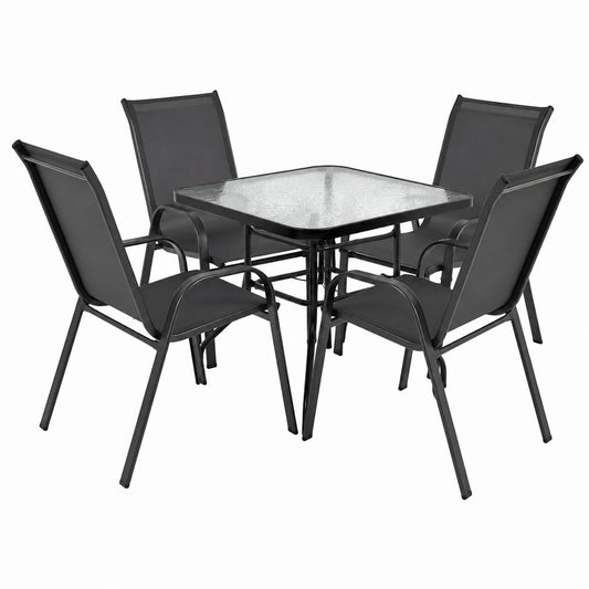 Gartenmöbel-Set: Balkontisch 80x80 cm mit 4 Stühlen, Ideal für Terrasse und Garten, Schwarzes Metall